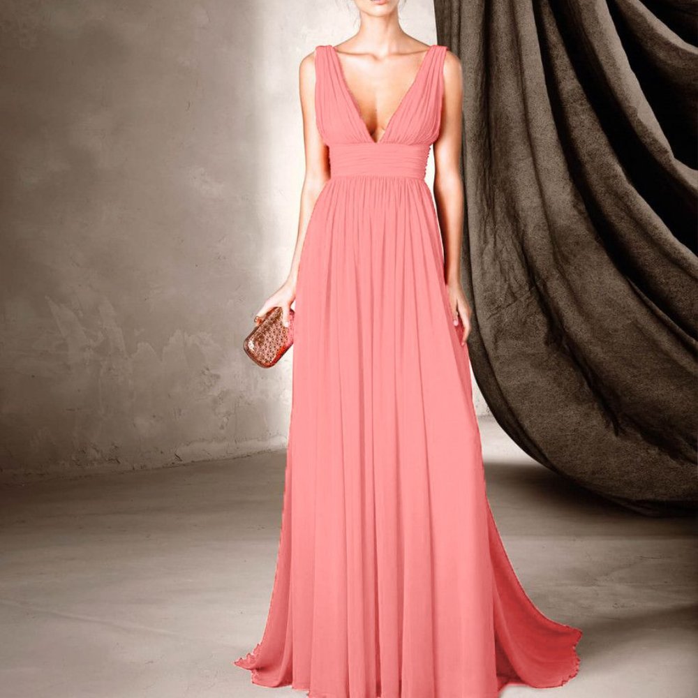 Pronovias Cisne SHB.Pink V Neck Chiffon Long Formal Evening Gown Party Dress